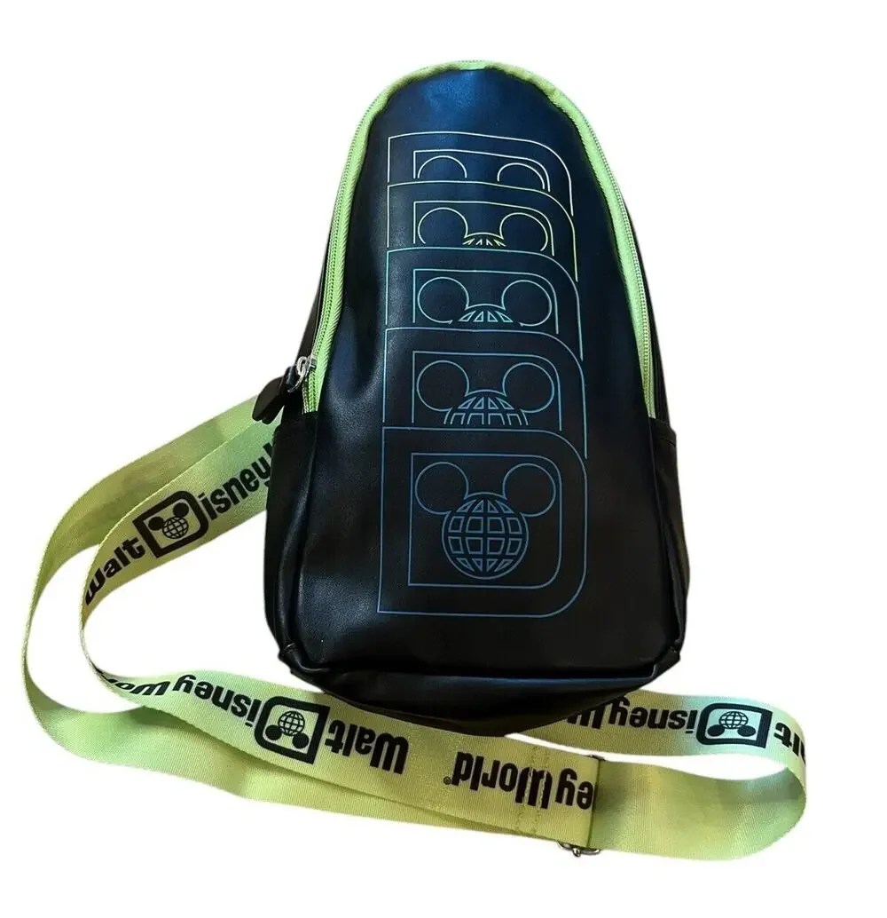 Walt Disney Parks World Sling Bag Backpack Green & Black Ears Retro 11”